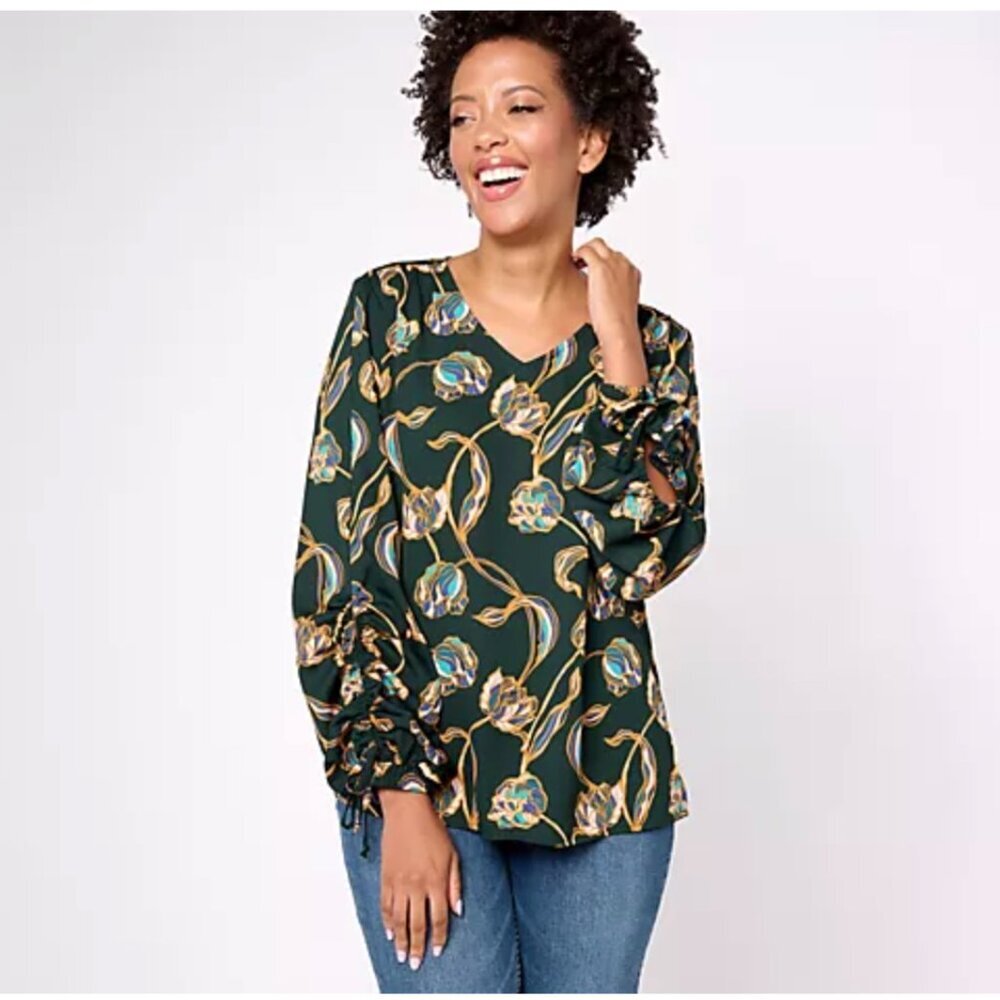 Belle by‎ Kim Gravel Dark Green Stained Glass Fall Floral Blouse Size Medium